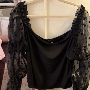 Eloquii Black Top with Sheer Polka Dot Sleeves